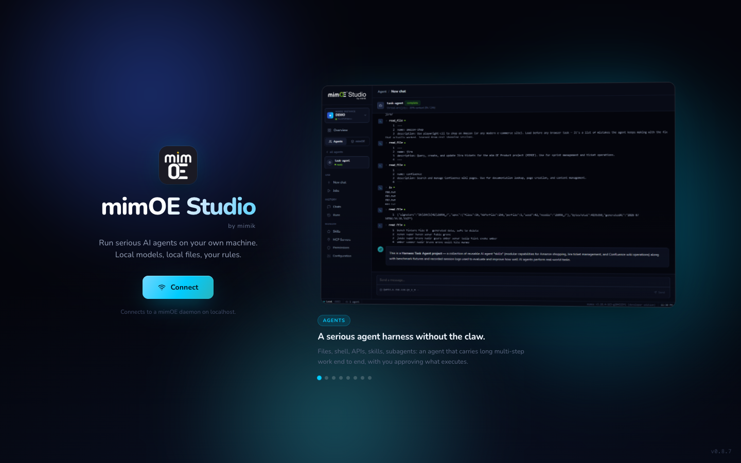 The mimOE Studio launch screen with a Connect button