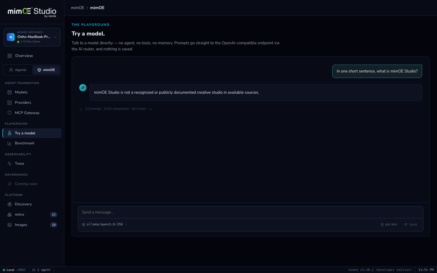 Playground showing a live answer with tokens per second