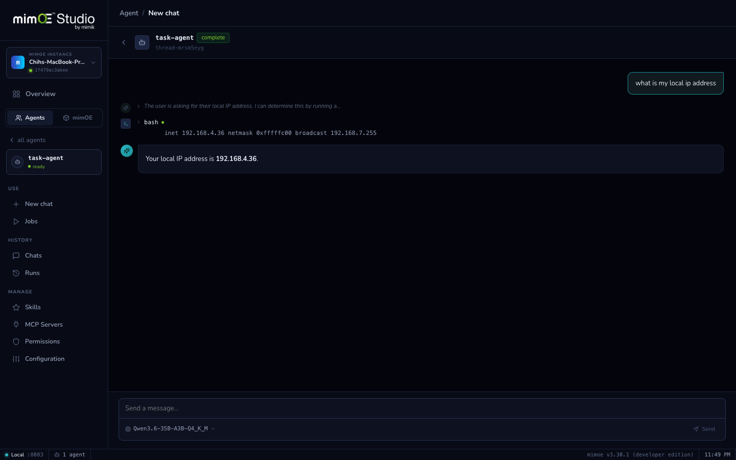 A real agent conversation with a bash tool call