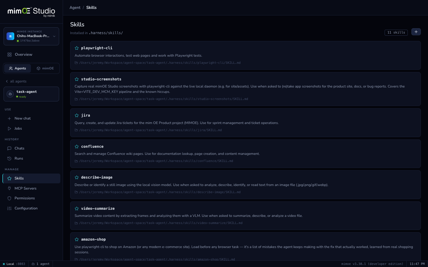 The Skills page listing installed skills