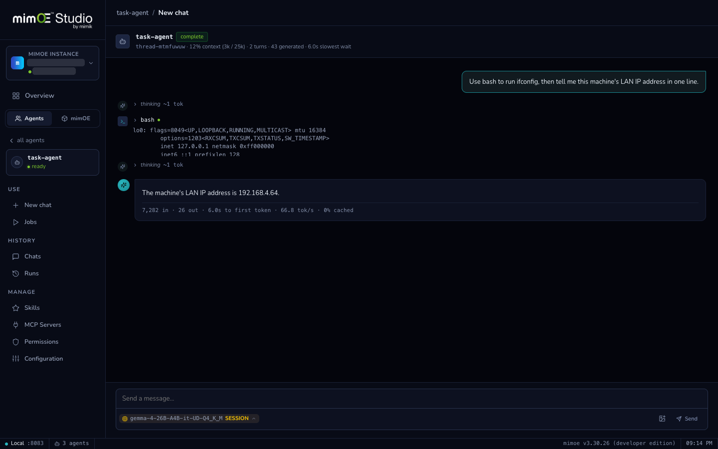 A real agent conversation with a bash tool call