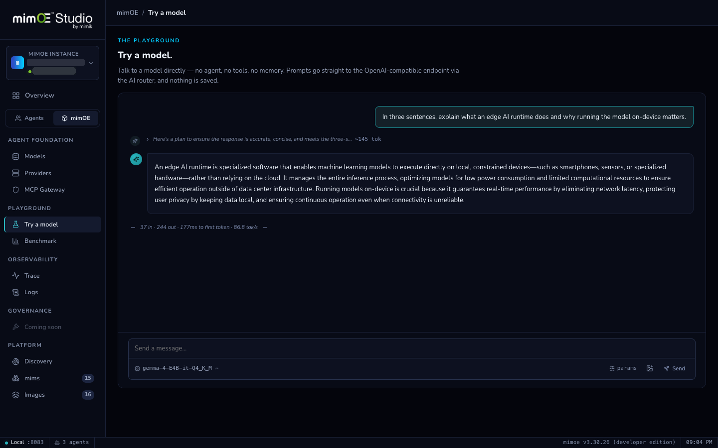 Playground showing a live answer with tokens per second