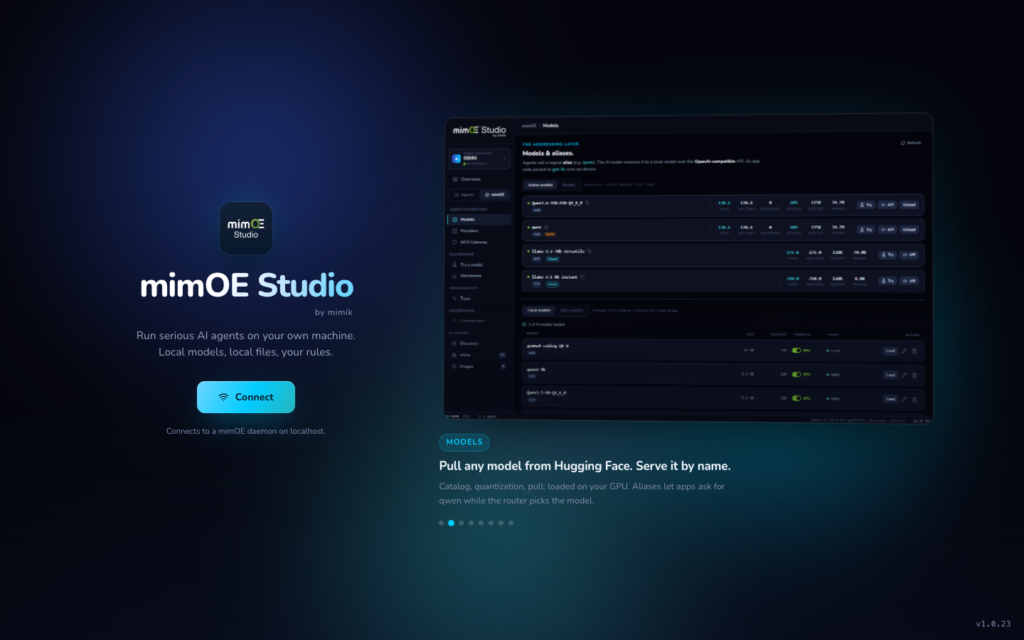 The mimOE Studio launch screen with a Connect button