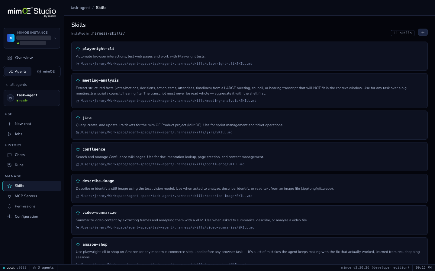 The Skills page listing installed skills